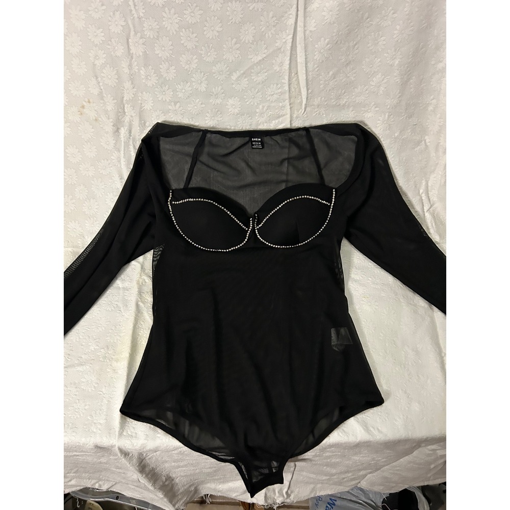 SHEIN SXY Black Sheer Mesh festival style high glam Bustier Rave Wear sz L
